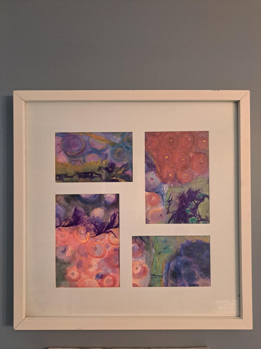 16x16 original Vibrant mixed media artwork consists of four abstract panels moun